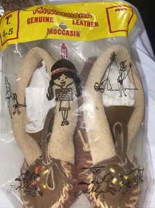 Minnehaha Moccasins for Kids L 4-5 vintage Authentic Genuine Leather New In Pkg - Picture 1 of 7