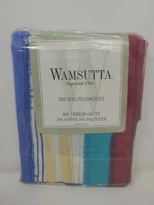 2 King Pillowcases WAMSUTTA Americana Vintage Stripes RARE Vtg Machp - Picture 1 of 3