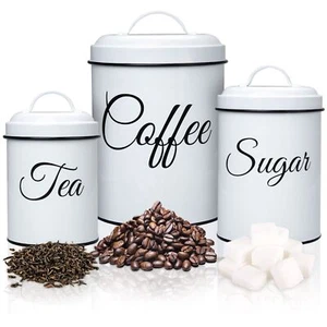 3PCS Coffee Tea Sugar Canisters White Stainless Steel Farmhouse Kitchen Jars - Picture 1 of 8