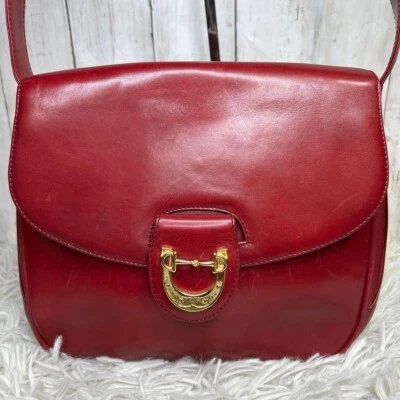 GUCCI Horsebit Schultertasche alt rot Leder Vintage 25 cm Klappe defekt gebra... - Bild 1 von 4