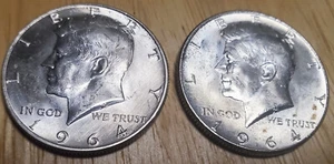 Two 1964 Kennedy half dollar coins, 90 % silver - Picture 1 of 2