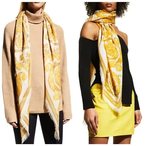 Versace Barocco Ivory Gold Silk Modal Fringe Shawl Scarf Large 140cm NWT $500 - Picture 1 of 13