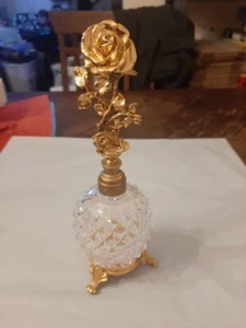 Vintage Stylebuilt Glass Perfume Bottle in Gold Tone Gilt Metal Rose - Picture 1 of 6