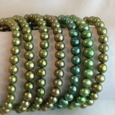 6-7mm Multi Green Cultured Freshwater Pearl Stretch Bracelets Set of 7 NEW - Image 1 of 3