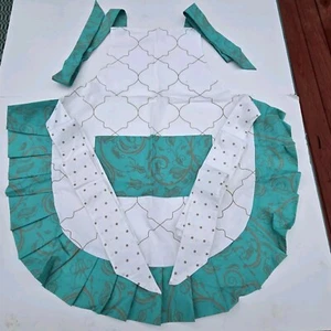 Flirty Aprons Full Bib Apron Ruffle Trim Front Pocket Turquoise Beige White - Picture 1 of 12