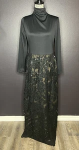 Vintage 70s Black Lace Sequin Party Dress Maxi Hostess Jack Bryan Dupuis Sz 14 - Picture 1 of 10