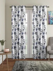 2 Piece Gray Floral Print Eyelet Grommet Door Window Home Curtain Set 5 7 9 Feet - Picture 1 of 5