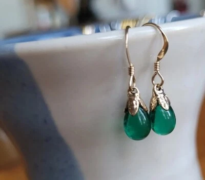 Emerald Green and 14K Gold Teardrop Dangle Dainty Earrings - Czech Glass - Image 1 of 4