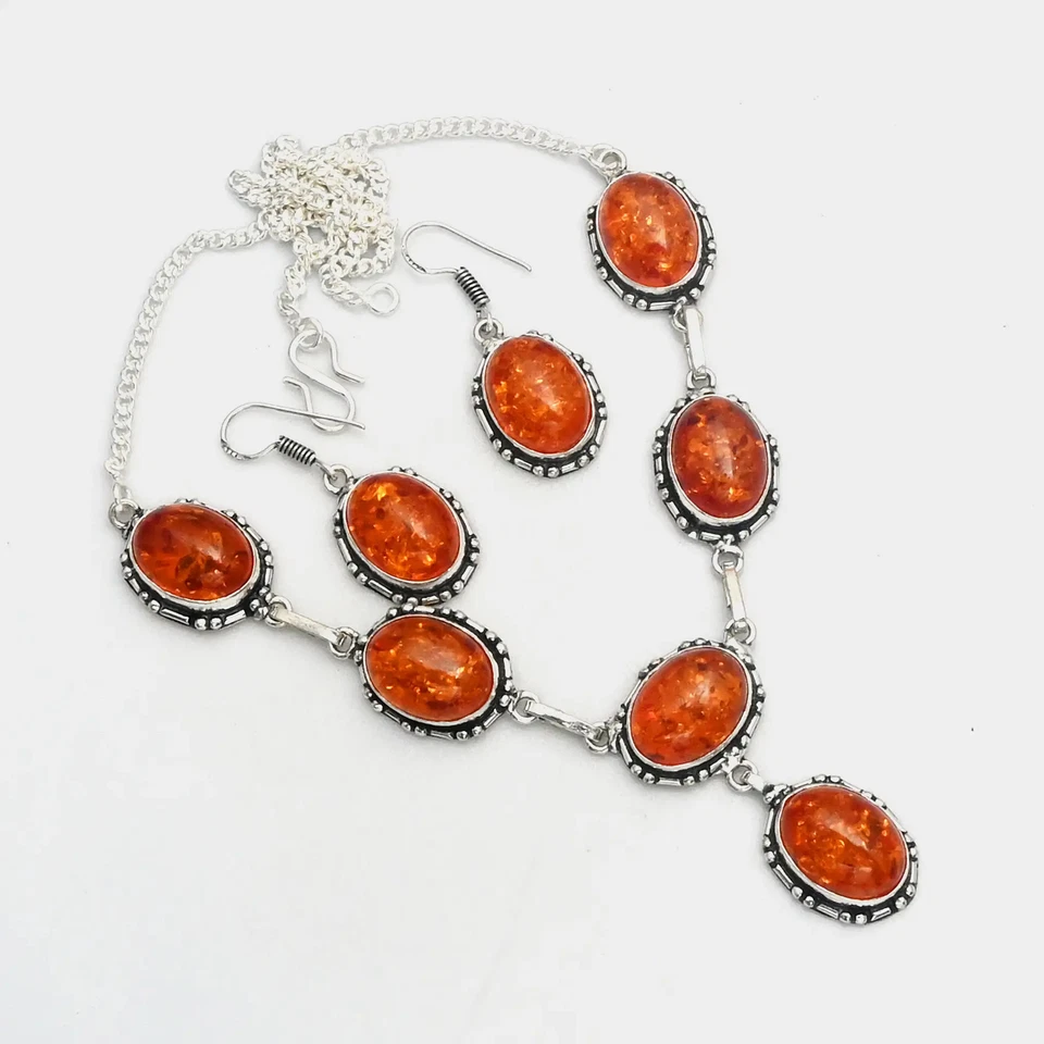 Collar + pendiente hecho a mano étnico de piedras preciosas ámbar joyería 32 Gms AN 14885 Foto 1 de 1