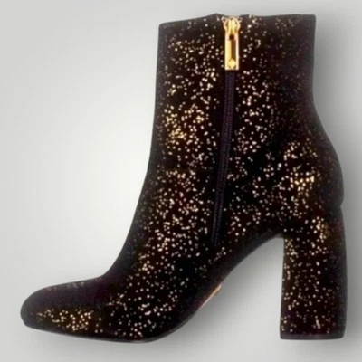 Nuevo en caja Botines Nanette Lepore para mujer 7 Lilly negro gamuza dorado brillante tacón bloque Foto 1 de 4
