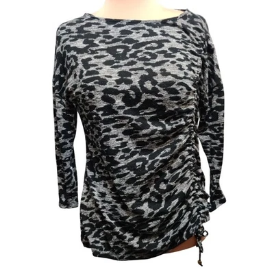 Adrienne Vittadini L Gris Negro Estampado Animal Lateral Acanalado Corbata Manga Larga Tejida a Foto 1 de 4