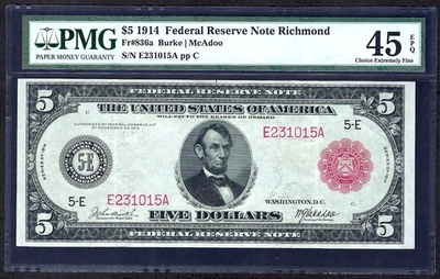🇺🇸 1914 $5 RED-SEAL FR-836a ♚♚RICHMOND♚♚ PMG CHOICE EX FINE 45 EPQ AMAZING! - Image 1 of 2