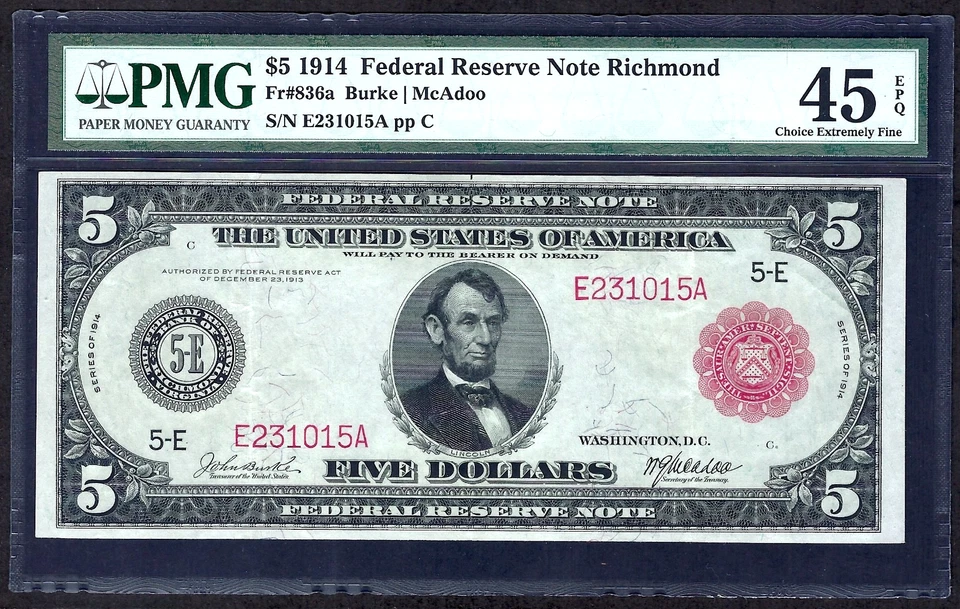 🇺🇸 1914 $5 RED-SEAL FR-836a ♚♚RICHMOND♚♚ PMG CHOICE EX FINE 45 EPQ AMAZING! - Image 1 of 2