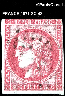 FRANCE 1871 SC 48 CERES ROSE ON PINKISH PAPER 80c USED IMPERFORATE F/VFINE - Image 1 of 2