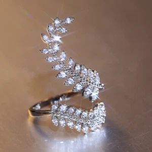 Creative Leaf 925 Silver Filled Ring Cubic Zircon Wedding Party Adjustable Ring - Picture 1 of 9