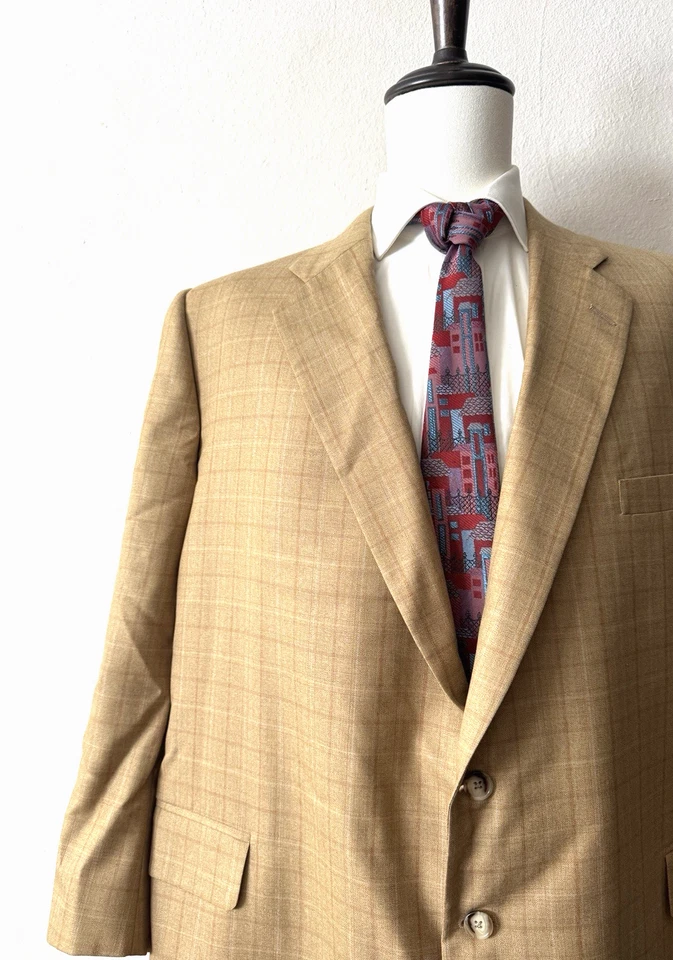 Tom James Executive Traje Personalizado Chaqueta Abrigo 52R Lana-Seda Cuadros Dorado Tostado 2-Btn Foto 1 de 4
