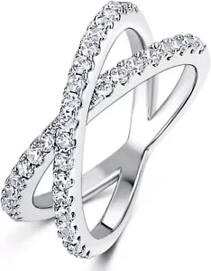 18K White Gold Plated Rhodium Cubic Zirconia Band Cross X Ring for Women Jewelry - Picture 1 of 6