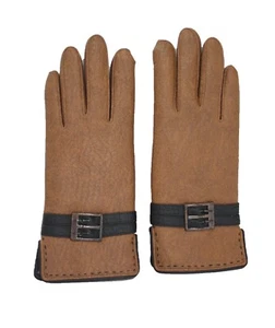 Vintage Women's 1970s Imitation Leather Acrylic Fleece Lined Brown Gloves Straps - Picture 1 of 3