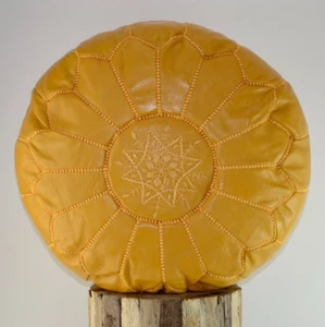 MOROCCAN MUSTARD LEATHER POUFFE FOOTSTOOL BEANBAG OTTOMAN *HANDMADE* - Picture 1 of 6