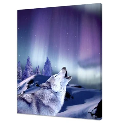 Beautiful Wolf Howling In Front Of Aurora Northern Lights Modern Canvas Print - Image 1 of 4
