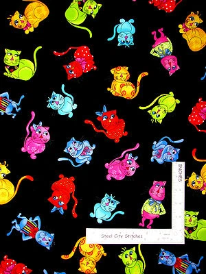 Loralie Cat Cool Cats Fabric 5 PIECE LOT Multicolor Black Cotton Loralie Designs - Image 1 of 2