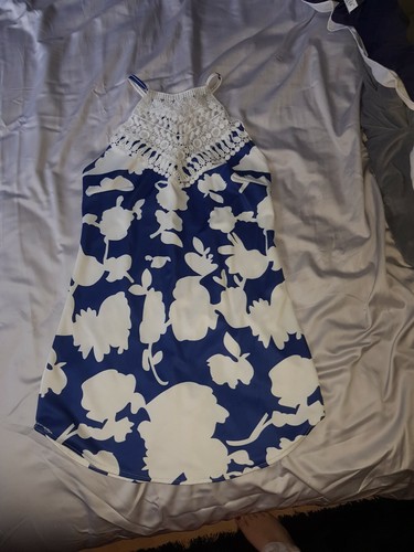 OFF WHITE Blue Off White Lace Stretch Fitted Womens Very Short Dress Size 10 Brand New