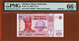 Moldavia 50 Lei 2008 SOLIDO serie 222222 Pick-14e PMG 66 GEM UNC - Foto 1 di 2