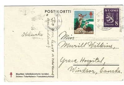 Finlandia 1923 - Etiqueta/sello de Navidad TB vinculado a postal - enviado por correo a Canadá Foto 1 de 2