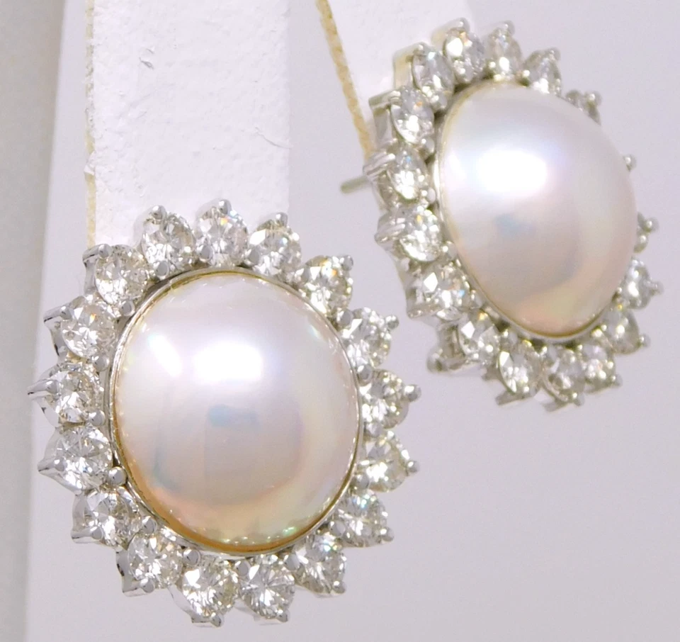 14-15k Gold Pair of Mabe Pearl & Halo Diamond Floral Omega Back Earrings B9106 - Image 1 of 4