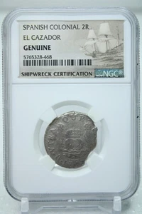 Spanish Colonial 2 Reals El Cazador Shipwreck NGC Genuine #8468 - Picture 1 of 4