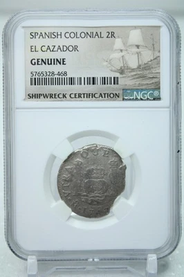 Spanish Colonial 2 Reals El Cazador Shipwreck NGC Genuine #8468 - Image 1 of 4