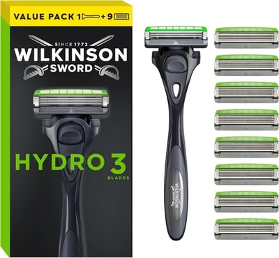 BRANDED Wilkinson Sword Hydro 3 Men’s Razor,1 Reusable Handle plus 9 Blades Refills Pack