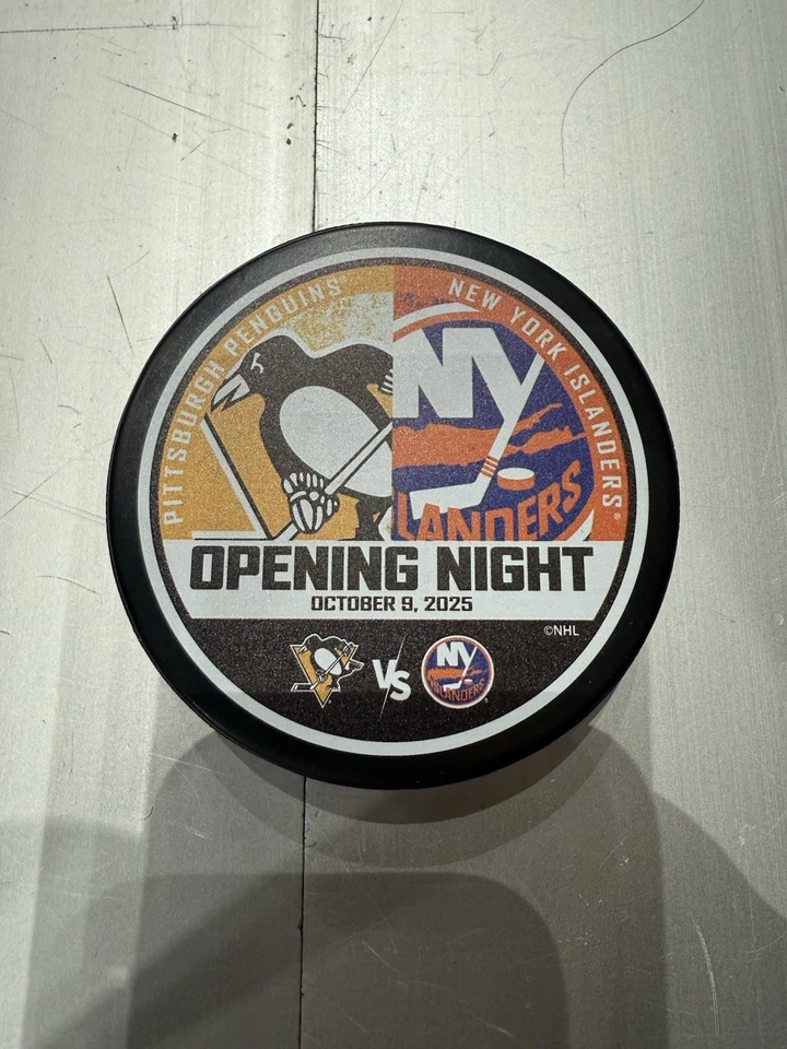 Penguins NY Islanders MATTHEW SCHAEFER First NHL Debut Game Day Puck 10/9/25 - Image 1 of 1