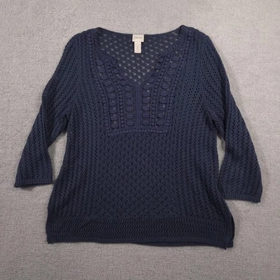 Suéter Chico's Mujer Grande Azul Marino Crochet Tejido Abierto Cuello en V Manga 3/4 Boho Foto 1 de 4