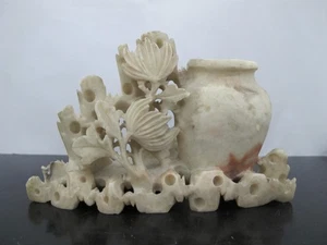 CHINESISCHE handgeschnitzte Speckstein Lotus Blume Skulptur VASE oder Tintenfass - Bild 1 von 7