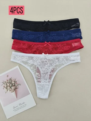 Damen String Tanga Unterwäsche Sexy 4er Pack Spitze Halbtransparent Set S–XL - Bild 1 von 4