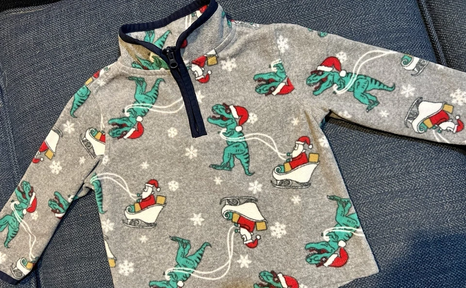 Pullover polar Oshkosh B'gosh gris Navidad T Rex dinosaurio media cremallera talla 18M Foto 1 de 1
