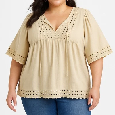 TWEEDS Boho Linen/Rayon Blouse Size 2X Eyelet V-Neck Neutral Peasant Scalloped - Image 1 of 4