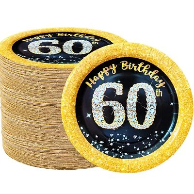 Suministros de fiesta de cumpleaños 60 50 piezas negro dorado feliz sesenta platos aniversario Foto 1 de 4