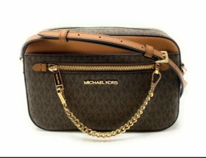 Michael Kors-NWT-Brown signature print crossbody gold chain zipper top handbag - Picture 1 of 8
