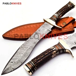 Cuchillo clásico Bowie de caza de acero Damasco hecho a mano premium de 17" cuerno de ciervo - Imagen 1 de 7