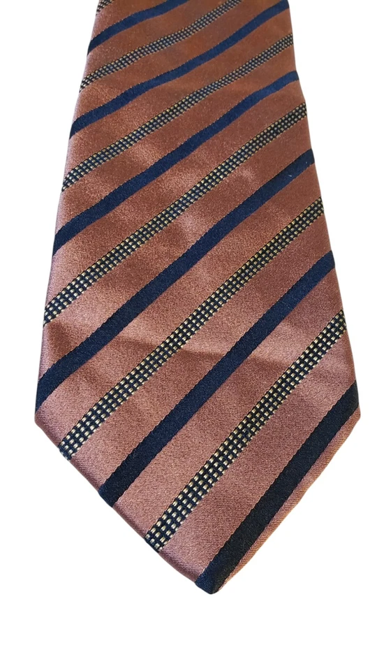 Gravata Brioni masculina designer de luxo rosa azul marinho listrada seda italiana - Imagem 1 de 4