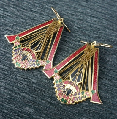 Pendientes colgantes Cloisonne envueltos en esmalte rojo flores alambres de oreja rellenos de oro mejorados Foto 1 de 4