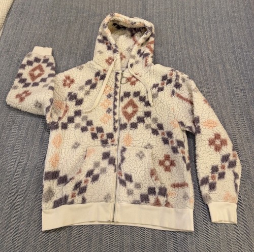 OFF WHITE Accogliente felpa con cappuccio e zip sherpa stampa azteca con coulisse di Stitch & Pine M L crema e la