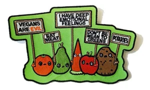 Funny Vegetables Protest Signs Against Vegans Novelty Iron On Patch Applique - Picture 1 of 7