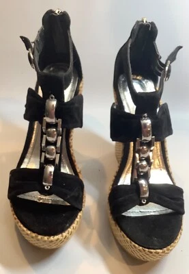 Sexy Zapatos SHIEKH Negros 5" Alto Tacón de Cuña Correa al Tobillo MUJERES Talla 6 Acento Plateado Foto 1 de 4