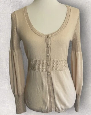 Cárdigan DKNY Mujer Mediano Brillante Dorado Beige Mangas Largas Abullonadas Botón Frontal Foto 1 de 4
