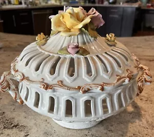 🔥Antique Italian Glazed Ceramic Capodimonte Era Covered Fruit Bowl - Picture 1 of 17