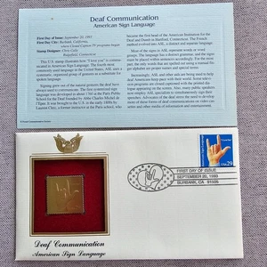 DEAF COMMUNICATION / SIGN LANGUAGE 22k Gold Foil FDC 29¢ Stamp FIRST DAY ISSUE - Picture 1 of 4