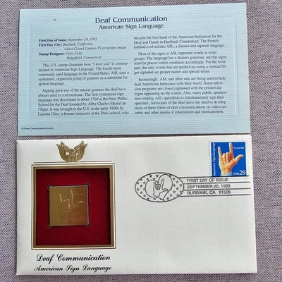 DEAF COMMUNICATION / SIGN LANGUAGE 22k Gold Foil FDC 29¢ Stamp FIRST DAY ISSUE - Image 1 of 4